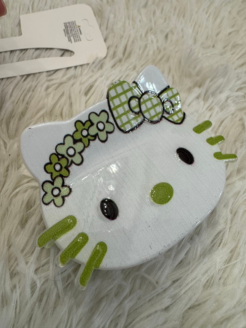 Hello Kitty Sanrio large hair clip claw green flowers details and checkered bow